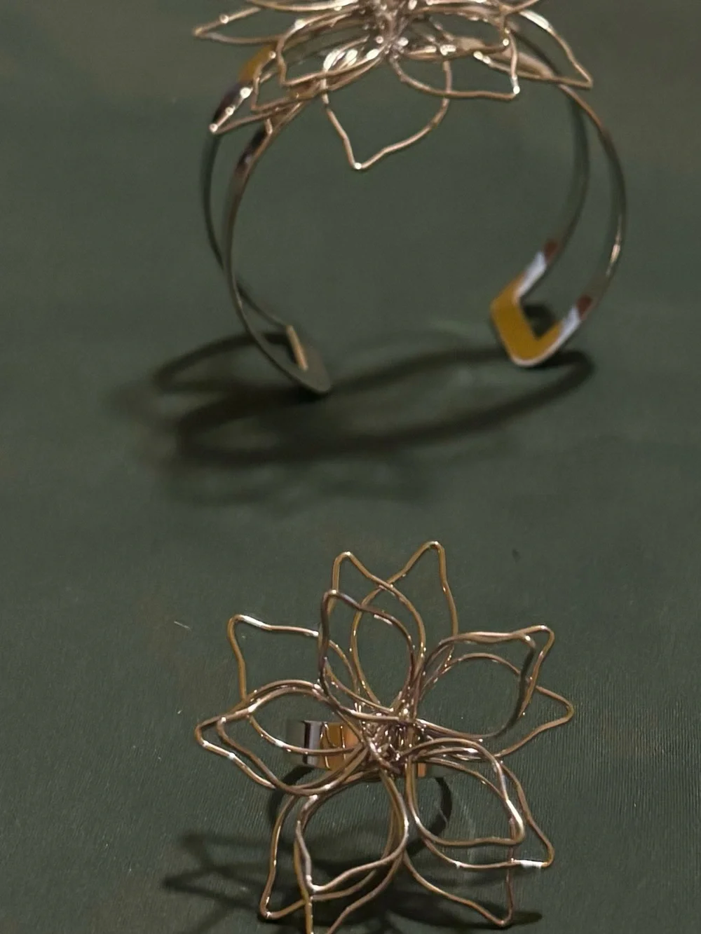 Sterling Silver, Black, and Gold Floral Wire Open Cuff Bracelets  -with ring set